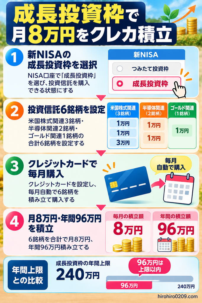 新NISAの成長投資枠で月8万円をクレカ積立する方法を4段階で紹介する図解。成長投資枠を選択し、米国株式関連3銘柄に月5万円、半導体関連2銘柄に月2万円、ゴールド関連1銘柄に月1万円の合計6銘柄を設定。クレジットカードによる毎月の自動購入で年間96万円を積み立て、成長投資枠の年間上限240万円以内で運用する仕組みを解説