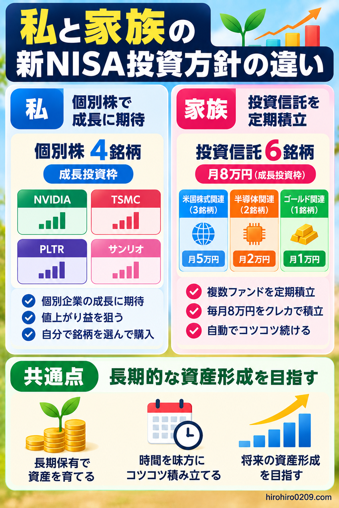 私と家族の新NISA投資方針の違いを比較した図解。私は成長投資枠でNVIDIA、TSMC、PLTR、サンリオの個別株4銘柄を購入し、個別企業の成長に期待する投資を実践。一方、家族は成長投資枠で米国株式関連3銘柄に月5万円、半導体関連2銘柄に月2万円、ゴールド関連1銘柄に月1万円の合計6銘柄をクレカ積立。投資方法は異なるものの、どちらも長期的な資産形成を目指す方針を紹介