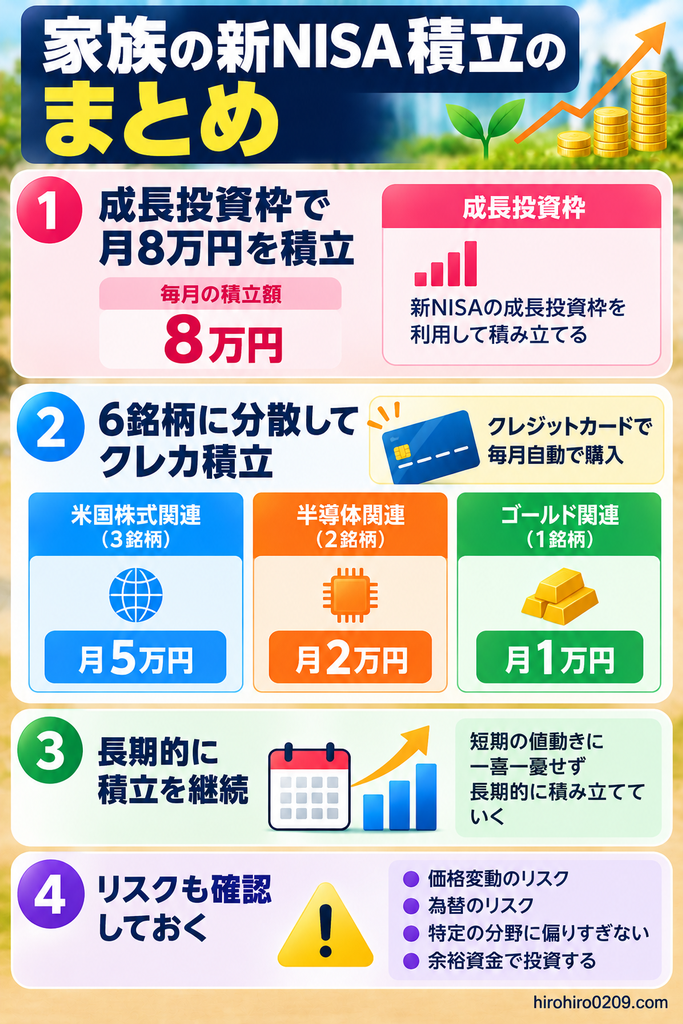 家族の新NISA積立方針を4つのポイントでまとめた図解。成長投資枠で月8万円を積み立て、米国株式関連3銘柄に月5万円、半導体関連2銘柄に月2万円、ゴールド関連1銘柄に月1万円を配分。合計6銘柄をクレジットカードで毎月自動購入し、長期的な資産形成を目指す方針を紹介。価格変動や為替、特定分野への集中リスクを確認し、余裕資金で投資を続ける重要性も解説