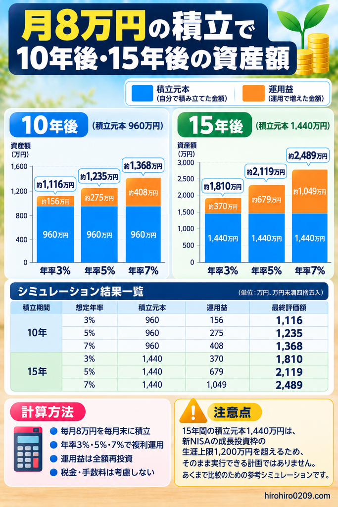 月8万円を積み立てた場合の10年後・15年後の資産額を比較した図解。年率3％・5％・7％で運用した場合、10年後は元本960万円に対して約1,116万円・1,235万円・1,368万円、15年後は元本1,440万円に対して約1,810万円・2,119万円・2,489万円になる試算結果を棒グラフと一覧表で紹介。毎月末積立・複利運用・運用益再投資を前提とし、15年間の積立元本は新NISA成長投資枠の生涯上限1,200万円を超えるため、参考シミュレーションであることも説明。