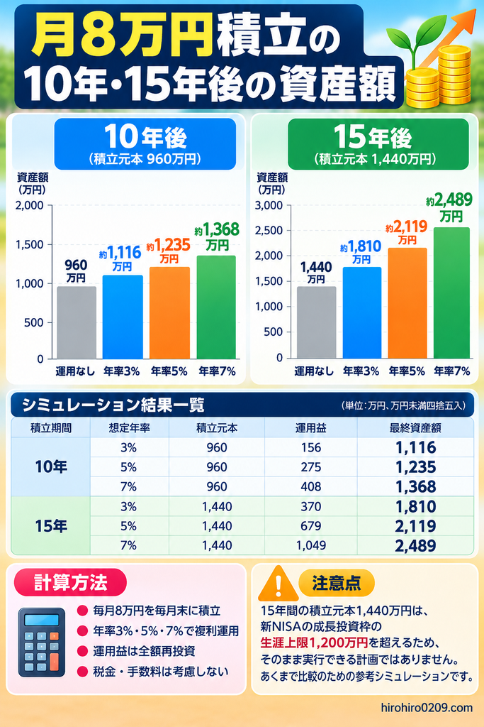 月8万円を積み立てた場合の10年後・15年後の資産額を比較した棒グラフ。10年後は積立元本960万円に対し、年率3％で約1,116万円、5％で約1,235万円、7％で約1,368万円。15年後は積立元本1,440万円に対し、年率3％で約1,810万円、5％で約2,119万円、7％で約2,489万円となる試算。毎月末積立・複利運用・運用益再投資を前提とし、15年間の積立元本は新NISA成長投資枠の生涯上限1,200万円を超えるため、参考シミュレーションであることも説明。