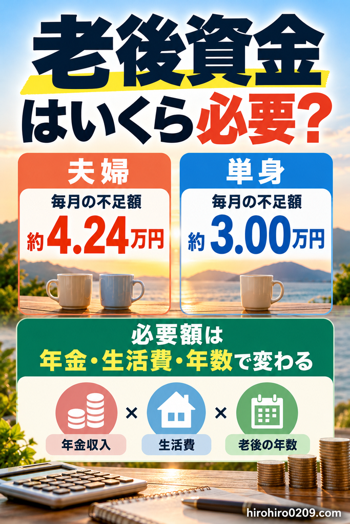 老後資金はいくら必要?2025年の総務省家計調査をもとに、夫婦の毎月の不足額約4.24万円、単身約3万円を比較し、必要額が年金収入・生活費・老後の年数によって変わることを解説した図解