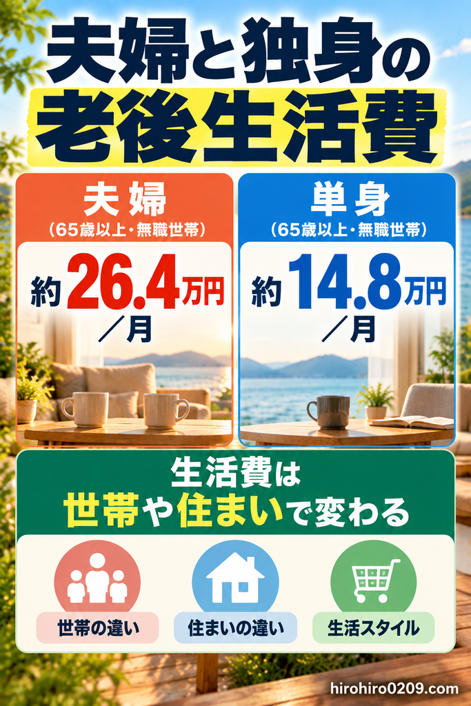 65歳以上の無職世帯の老後生活費を比較した図解。2025年の総務省家計調査をもとに、夫婦は月約26.4万円、単身は月約14.8万円と示し、生活費は世帯構成や住まい、生活スタイルによって変わることを解説