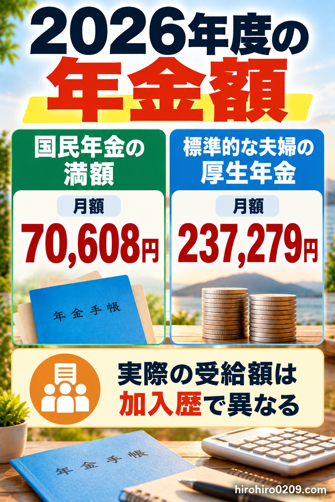 2026年度の年金額を比較した図解。国民年金の満額は月70,608円、標準的な夫婦の厚生年金は2人分の基礎年金を含めて月237,279円で、実際の受給額は年金の加入歴によって異なることを解説