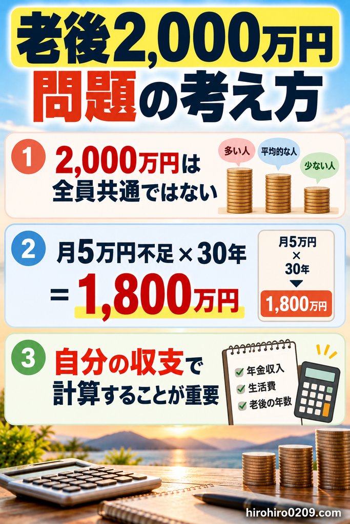 老後2,000万円問題の考え方を解説した図解。老後資金2,000万円は全員共通の必要額ではなく、毎月5万円の不足が30年間続くと1,800万円必要になることを示し、年金収入・生活費・老後の年数から自分に必要な資金を計算する重要性を紹介