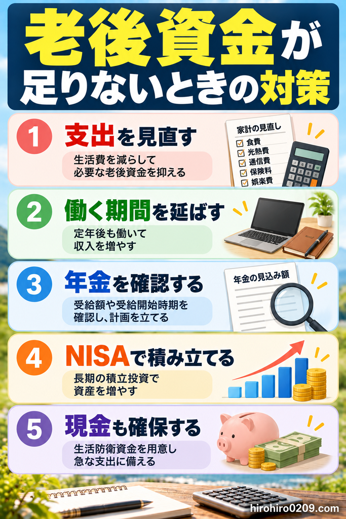 老後資金が足りない場合の5つの対策を解説した図解。生活費などの支出を見直す、働く期間を延ばす、年金の見込受給額を確認する、新NISAで積立投資を行う、生活防衛資金として現金を確保する方法を紹介