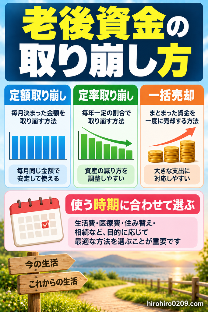 老後資金の取り崩し方を比較した図解。毎月決まった金額を売却する定額取り崩し、資産の一定割合を売却する定率取り崩し、まとめて売却する一括売却の3つの方法を紹介し、生活費や大きな支出など、資金を使う時期と目的に合わせた出口戦略の重要性を解説