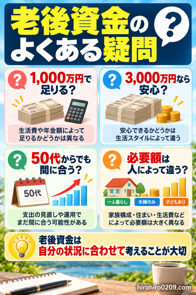 老後資金についてよくある疑問をまとめた図解。老後資金1,000万円で足りるか、3,000万円あれば安心か、50代からの資産形成でも間に合うかを解説し、必要額は年金収入や生活費、家族構成、住まいによって異なるため、自分の状況に合わせて考える重要性を紹介