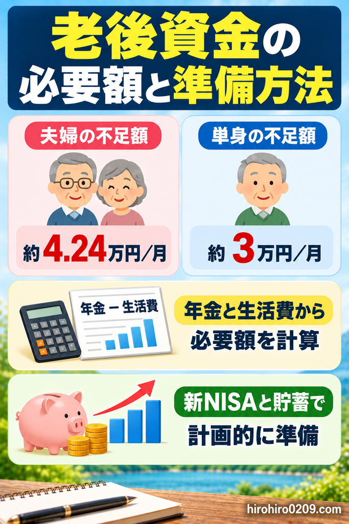 老後資金の必要額と準備方法をまとめた図解。2025年の総務省家計調査をもとに、夫婦の毎月の不足額は約4.24万円、単身は約3万円と比較し、年金収入と生活費から必要額を計算する方法や、新NISAでの積立投資と貯蓄を組み合わせて計画的に老後資金を準備する重要性を解説