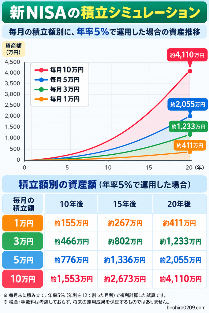 新NISAの積立金額別シミュレーションを比較した図解。毎月1万円・3万円・5万円・10万円を想定年率5%で10年・15年・20年間積み立てた場合の評価額を表とグラフで比較。20年後の評価額はそれぞれ約411万円・1,233万円・2,055万円・4,110万円となり、積立金額と運用期間による資産形成の違いを解説