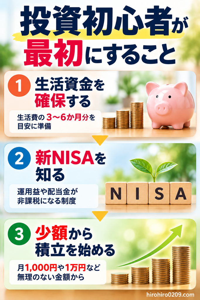 投資初心者が最初にすることを3ステップで解説した図解。①生活費の3〜6か月分を目安に生活資金を確保する、②運用益や配当金が非課税になる新NISAの仕組みを知る、③月1,000円や1万円など無理のない金額から積立投資を始める、という投資の基本的な流れを紹介