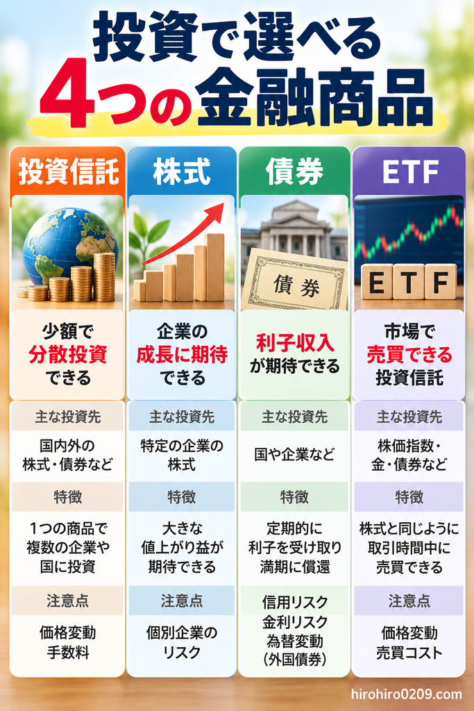 投資初心者向けに4つの金融商品を比較した図解。投資信託は少額から分散投資が可能、株式は特定企業の成長による値上がり益が期待できる、債券は利子収入や満期償還が特徴、ETFは市場で売買できる投資信託であることを紹介。それぞれの主な投資先や価格変動、信用リスク、手数料などの注意点も比較