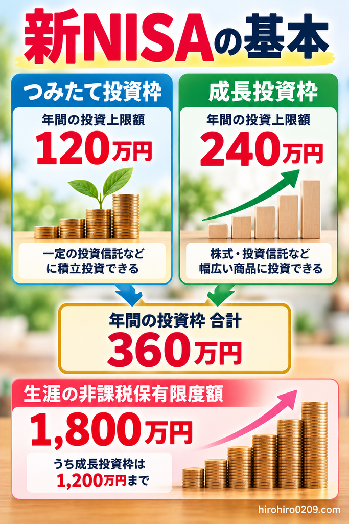 新NISAの基本的な仕組みを解説した図解。つみたて投資枠は年間120万円、成長投資枠は年間240万円で、合計年間360万円まで投資可能。生涯の非課税保有限度額は1,800万円で、そのうち成長投資枠は1,200万円までという制度上の上限を比較して紹介