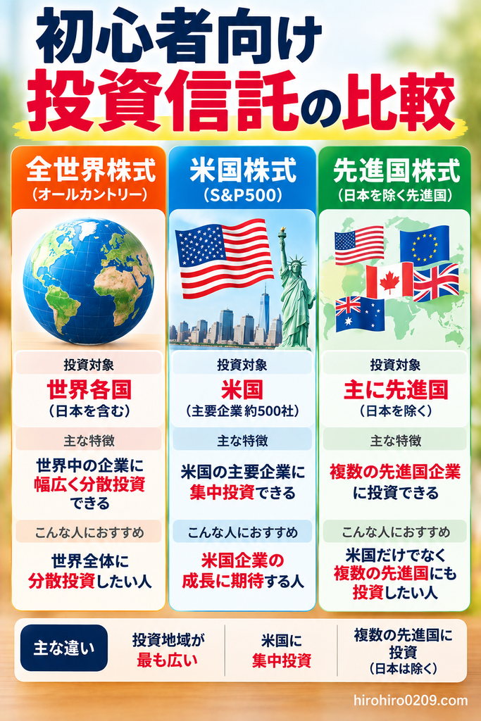 投資初心者向けに全世界株式(オールカントリー)、米国株式(S&P500)、先進国株式の3種類の投資信託を比較した図解。全世界株式は日本を含む世界各国、S&P500は米国の主要企業約500社、先進国株式は主に日本を除く先進国に投資する特徴を紹介し、投資対象地域や分散投資の違いを解説