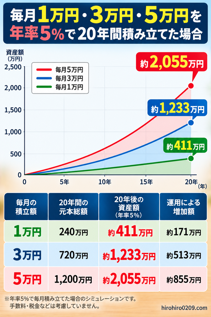 毎月1万円・3万円・5万円を想定年率5%で20年間積み立てた場合の資産推移を比較したシミュレーショングラフ。20年後の評価額はそれぞれ約411万円・1,233万円・2,055万円となり、積立元本240万円・720万円・1,200万円に対する運用益は約171万円・513万円・855万円と試算。積立金額と運用期間による資産形成の違いを解説