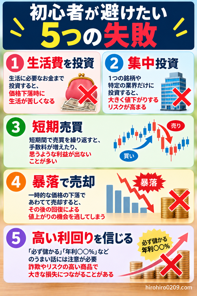 投資初心者が避けたい5つの失敗を解説した図解。①生活費まで投資して資金不足になる、②特定の銘柄や業界への集中投資で損失リスクが高まる、③短期売買を繰り返して手数料や損失が増える、④暴落時に慌てて売却する、⑤高利回りを保証するような勧誘を信じてしまう、という注意点を紹介