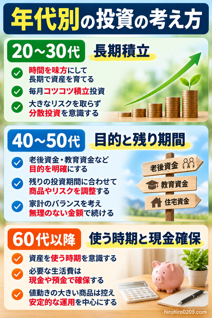 年代別の投資の考え方を比較した図解。20〜30代は時間を味方にした長期積立と分散投資、40〜50代は老後資金や教育資金などの目的と残りの運用期間に合わせた商品選び、60代以降は資産を使う時期を意識し、生活費を現金や預貯金で確保することを重視。年代ごとの資産形成とリスク管理のポイントを解説