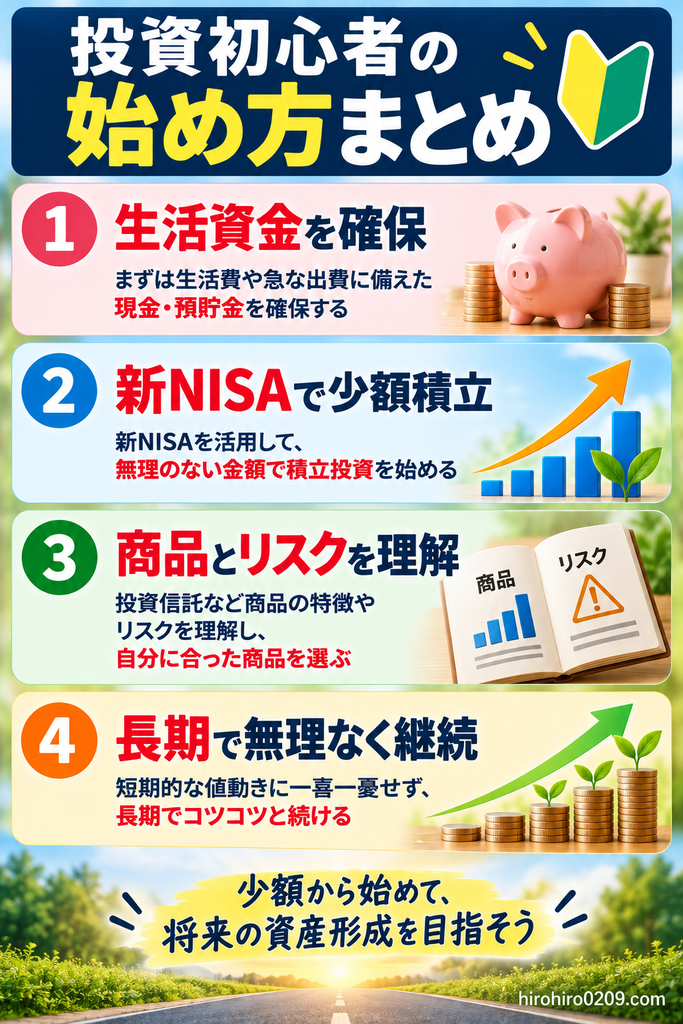 投資初心者が資産形成を始めるための4つのポイントをまとめた図解。①生活費や急な出費に備える現金・預貯金を確保する、②新NISAを活用して無理のない金額から積立投資を始める、③投資信託などの商品の特徴や元本割れリスクを理解する、④短期的な値動きに振り回されず長期投資を継続する、という基本的な考え方を紹介