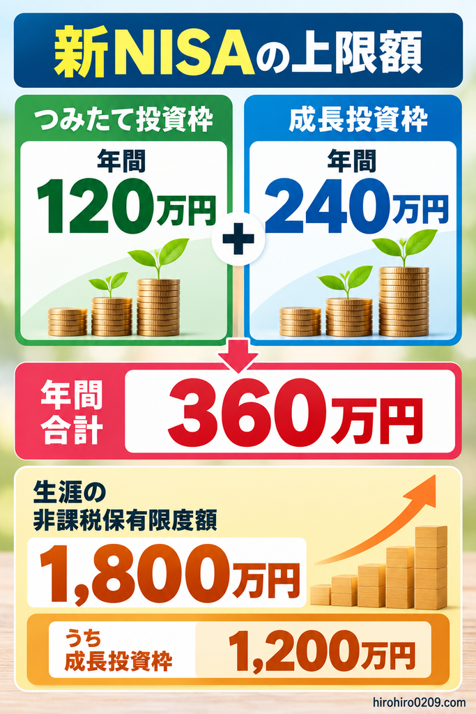 新NISAの上限額・限度額を解説する図解。つみたて投資枠は年間120万円、成長投資枠は年間240万円、合計で年間360万円。生涯の非課税保有限度額は1800万円で、うち成長投資枠は1200万円までと示している。