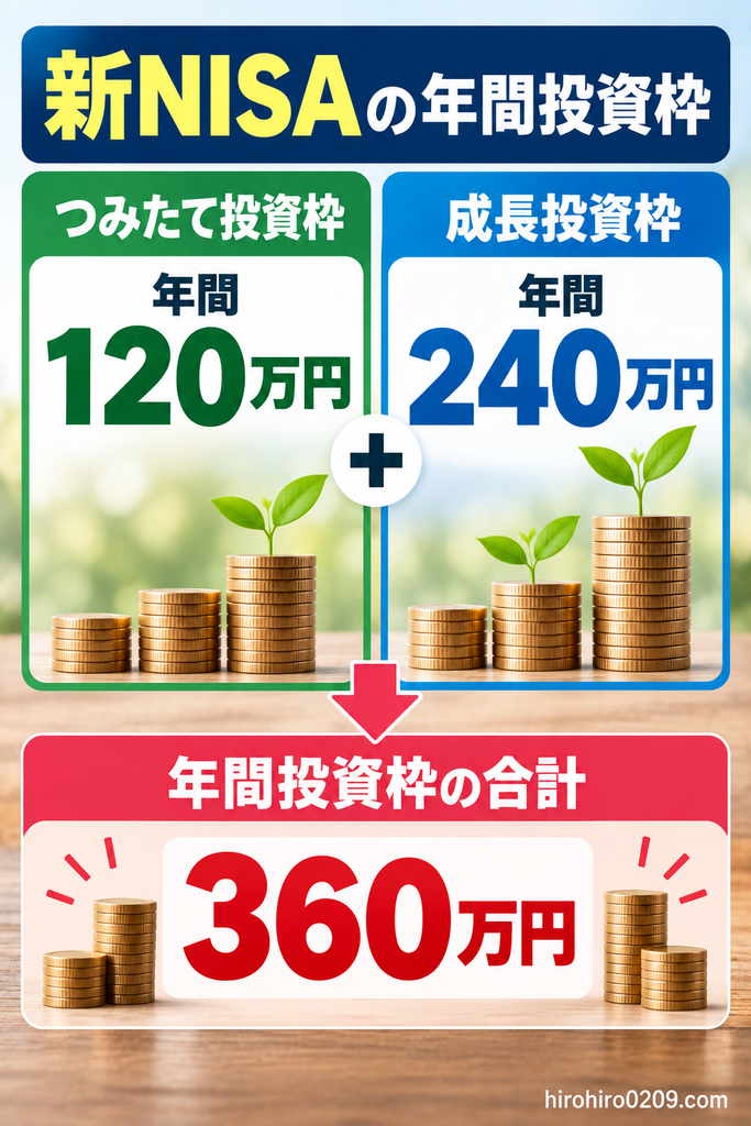 新NISAの年間投資枠を解説する図解。つみたて投資枠は年間120万円、成長投資枠は年間240万円で、2つの枠を併用すると年間最大360万円まで投資できることを示している。