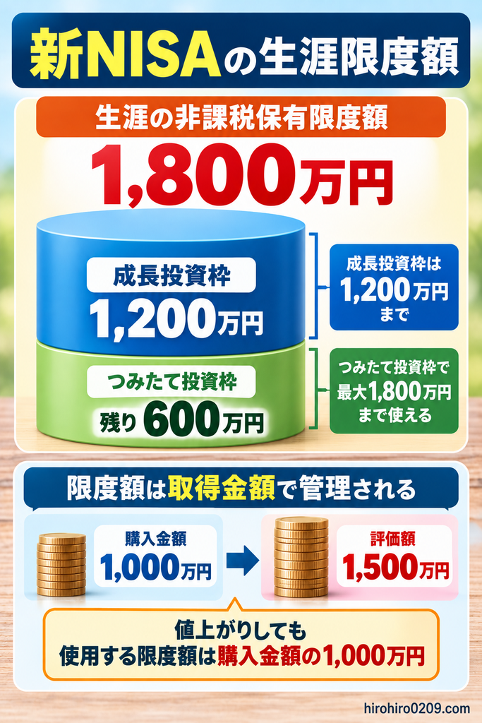 新NISAの生涯非課税保有限度額1800万円を解説する図解。成長投資枠は1200万円まで、つみたて投資枠は最大1800万円まで利用可能。購入金額1000万円が評価額1500万円に値上がりしても、使用する非課税枠は取得金額の1000万円で管理されることを示している。