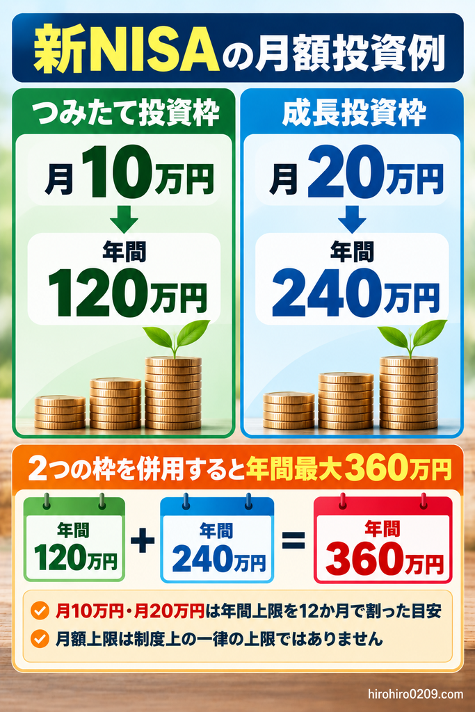 新NISAの月額投資例を比較した図解。つみたて投資枠は月10万円で年間120万円、成長投資枠は月20万円で年間240万円となり、併用すると年間最大360万円まで投資可能。月10万円・20万円は年間上限を12か月で割った目安であり、制度上一律の月額上限ではないことを示している。