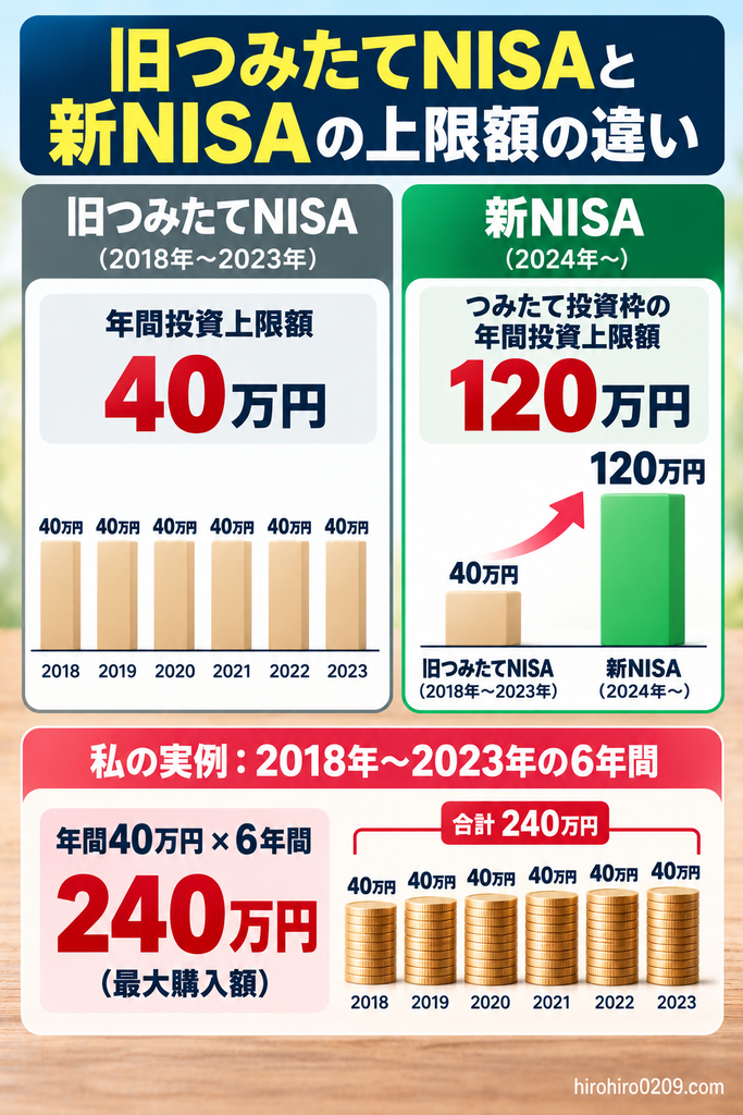旧つみたてNISAと新NISAの年間投資上限額を比較した図解。旧つみたてNISAは年間40万円、新NISAのつみたて投資枠は年間120万円。2018年から2023年までの6年間、毎年40万円ずつ積み立てた場合の購入額は合計240万円になることを示している。