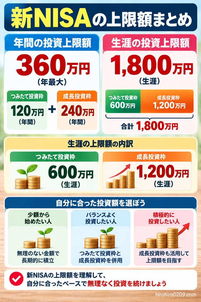 新NISAの上限額をまとめた図解。年間投資上限額はつみたて投資枠120万円と成長投資枠240万円の合計360万円、生涯の非課税保有限度額は1800万円で、うち成長投資枠は1200万円まで。自分に合った投資額を選び、無理なく資産形成を続けるポイントを紹介している。