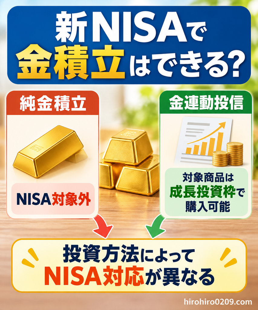 新NISAで金積立ができるかを解説する図解。純金積立はNISA対象外、金連動投資信託は対象商品なら成長投資枠で購入可能であることを比較