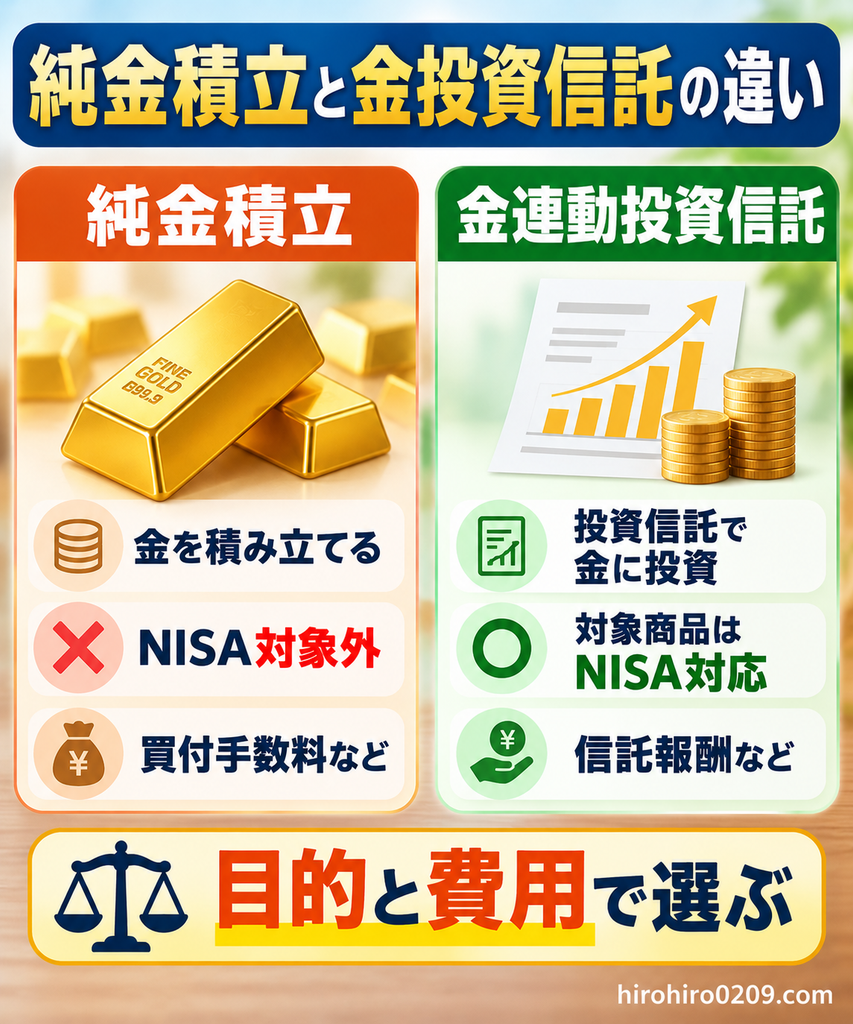 純金積立と金連動投資信託の違いを比較した図解。純金積立はNISA対象外で買付手数料などがかかり、金連動投資信託は対象商品ならNISAに対応し、信託報酬などがかかることを解説