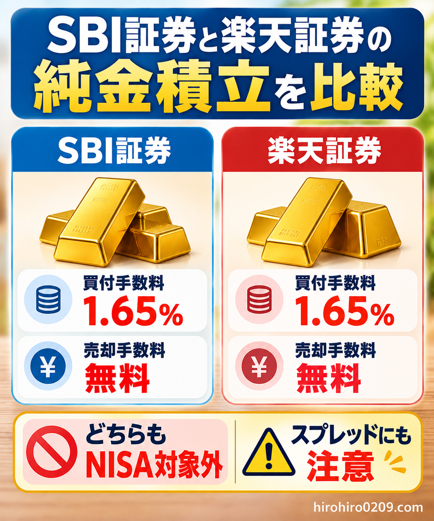 SBI証券と楽天証券の純金積立を比較した図解。両社とも買付手数料は1.65%、売却手数料は無料で、新NISAの対象外であることや売買スプレッドへの注意点を解説