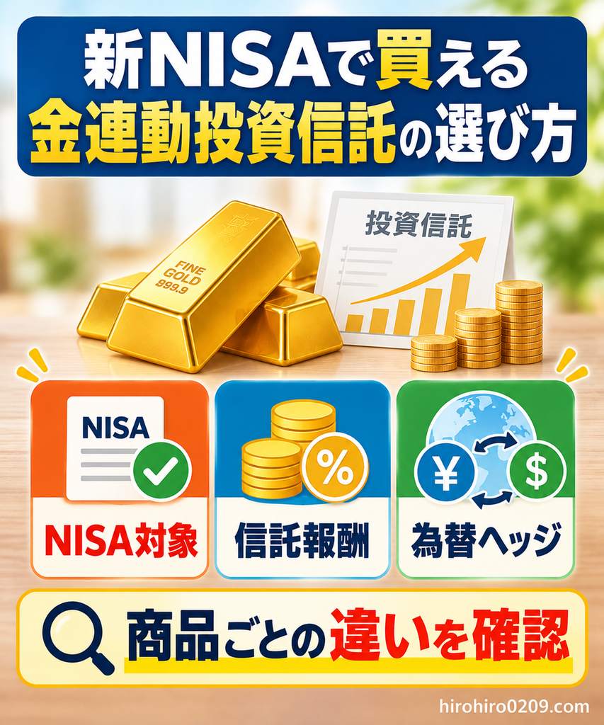 新NISAで買える金連動投資信託の選び方を解説する図解。NISAの成長投資枠への対応、信託報酬、為替ヘッジの有無という3つの確認ポイントを紹介