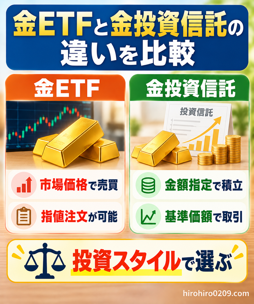 金ETFと金投資信託の違いを比較した図解。金ETFは市場価格で売買でき、指値注文が可能。金投資信託は金額指定で積み立てられ、基準価額で取引する仕組みを紹介