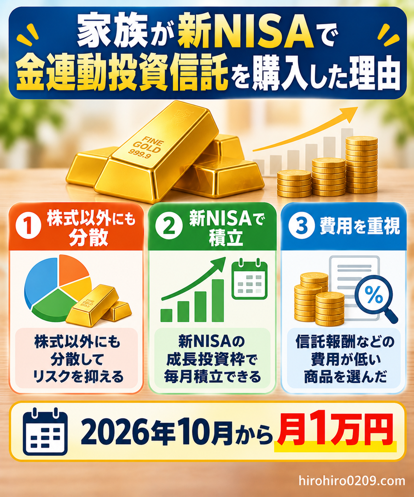 家族が新NISAで金連動投資信託を購入した理由を紹介する図解。株式以外への資産分散、成長投資枠での毎月積立、信託報酬などの費用を重視し、2026年10月から月1万円の積立を開始