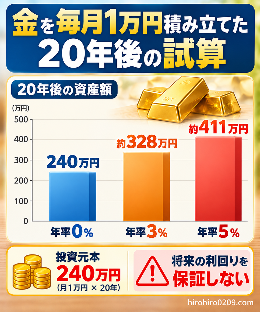 金を毎月1万円ずつ20年間積み立てた場合の資産額を比較した棒グラフ。投資元本240万円に対し、想定年率0%で240万円、3%で約328万円、5%で約411万円となる試算結果を紹介。将来の利回りを保証するものではない