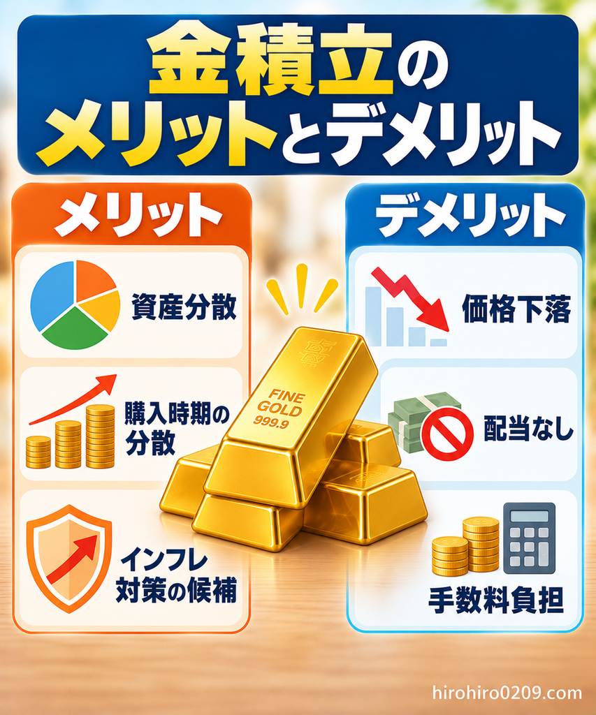 金積立のメリットとデメリットを比較した図解。メリットは資産分散、購入時期の分散、インフレ対策の候補となること。デメリットは金価格の下落リスク、配当金がないこと、手数料負担があることを紹介