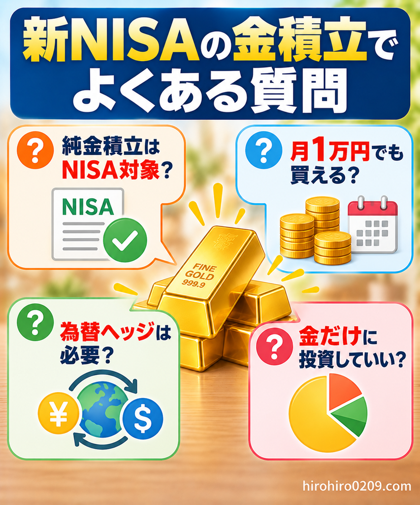 新NISAの金積立でよくある質問をまとめた図解。純金積立のNISA対象可否、月1万円からの積立購入、為替ヘッジの必要性、金だけに投資するリスクについて紹介