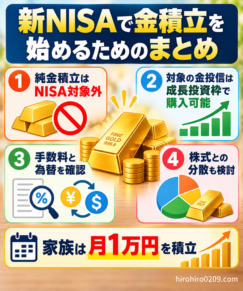 新NISAで金積立を始める際のポイントをまとめた図解。純金積立はNISA対象外、対象の金連動投資信託は成長投資枠で購入可能。手数料や為替の確認、株式との分散投資の重要性、家族が月1万円を積み立てる実例を紹介