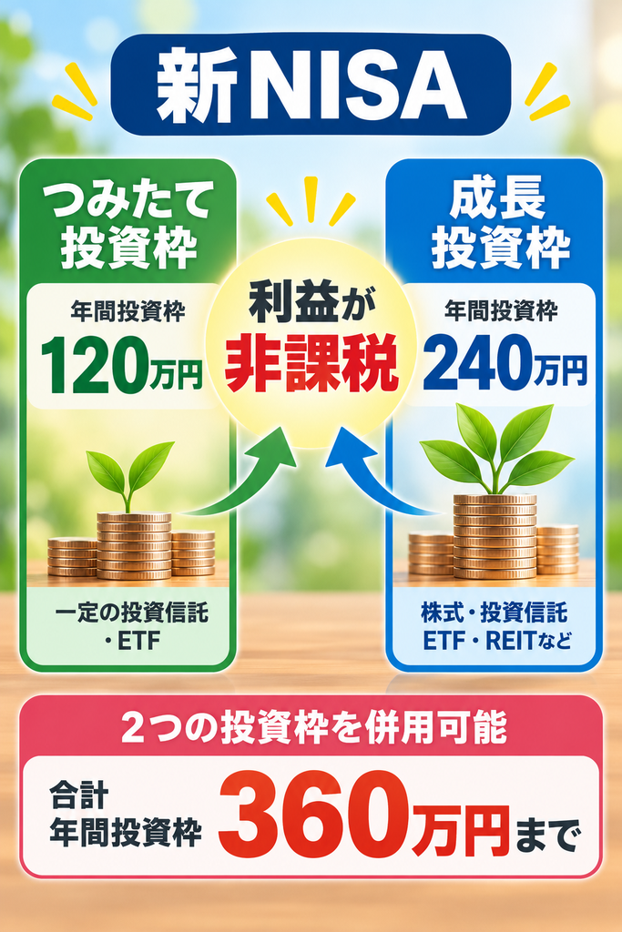 新NISAのつみたて投資枠と成長投資枠を比較した図解。年間投資枠はそれぞれ120万円と240万円で、併用すると年間最大360万円まで投資可能。どちらも運用益が非課税になる仕組みを解説