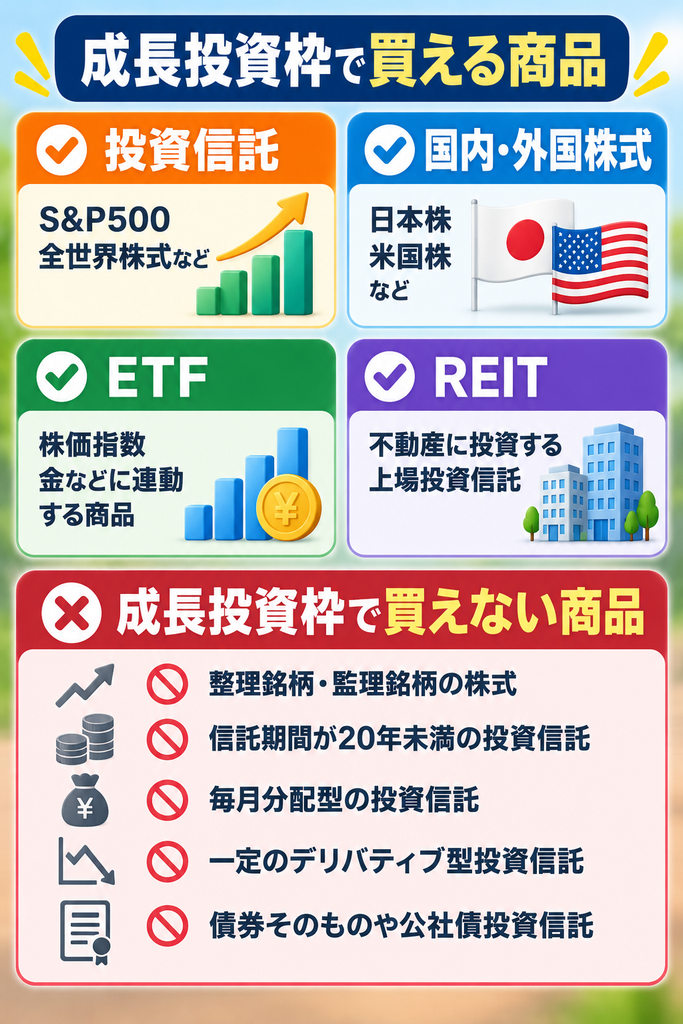 新NISAの成長投資枠で買える商品と買えない商品を比較した図解。対象商品は投資信託、国内・外国株式、ETF、REITの4種類。整理・監理銘柄の株式、信託期間20年未満や毎月分配型の投資信託、一定のデリバティブ型投資信託などは対象外