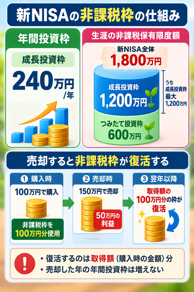 新NISAの成長投資枠の上限額と非課税枠の仕組みを解説した図解。年間投資枠は240万円、生涯の非課税保有限度額は新NISA全体で1,800万円、うち成長投資枠は最大1,200万円。100万円で購入した商品を150万円で売却すると、翌年以降に取得額100万円分の非課税枠が復活する仕組みを紹介