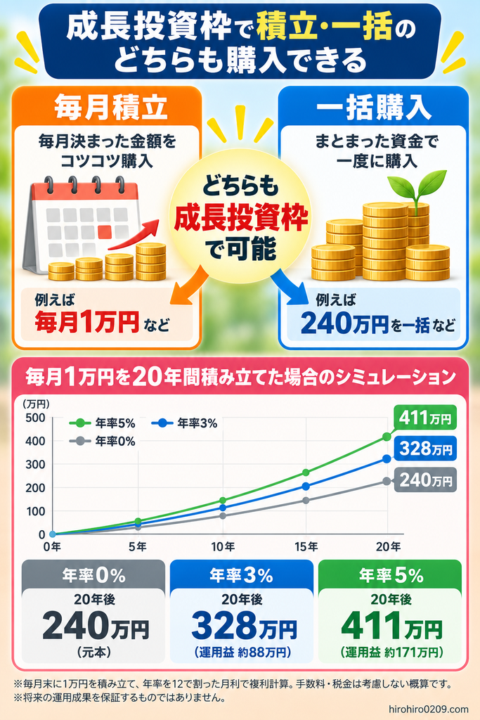 新NISAの成長投資枠では毎月積立と一括購入の両方が可能であることを示した図解。毎月1万円を20年間積み立てた場合、元本240万円に対し、年率0％で240万円、3％で約328万円、5％で約411万円になるシミュレーションをグラフで比較