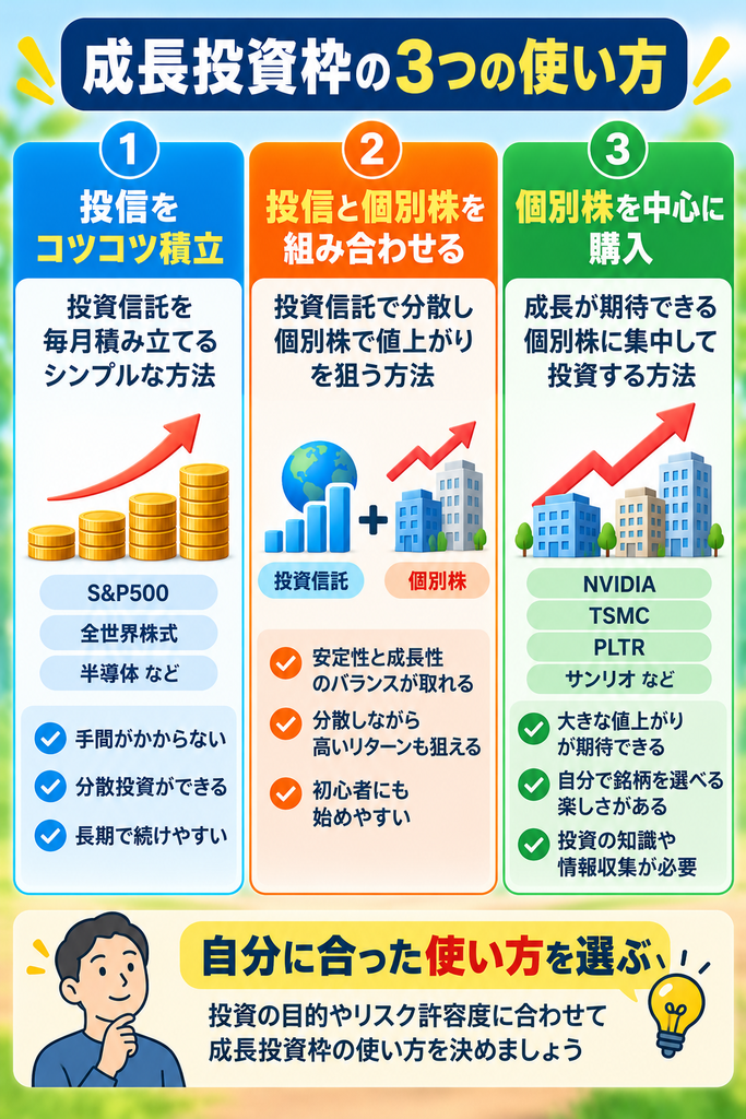 新NISAの成長投資枠の使い方を3つの投資スタイルで比較した図解。S&P500などの投資信託を毎月積み立てる方法、投資信託と個別株を組み合わせる方法、NVIDIAやTSMCなどの個別株を中心に購入する方法を紹介。投資目的やリスク許容度に合わせた選び方を解説