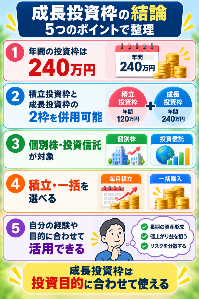 新NISAの成長投資枠の特徴を5つにまとめた図解。年間投資枠は240万円、つみたて投資枠との併用が可能で、個別株や投資信託が対象。積立購入と一括購入の両方に対応し、投資経験や目的に合わせて活用できることを解説