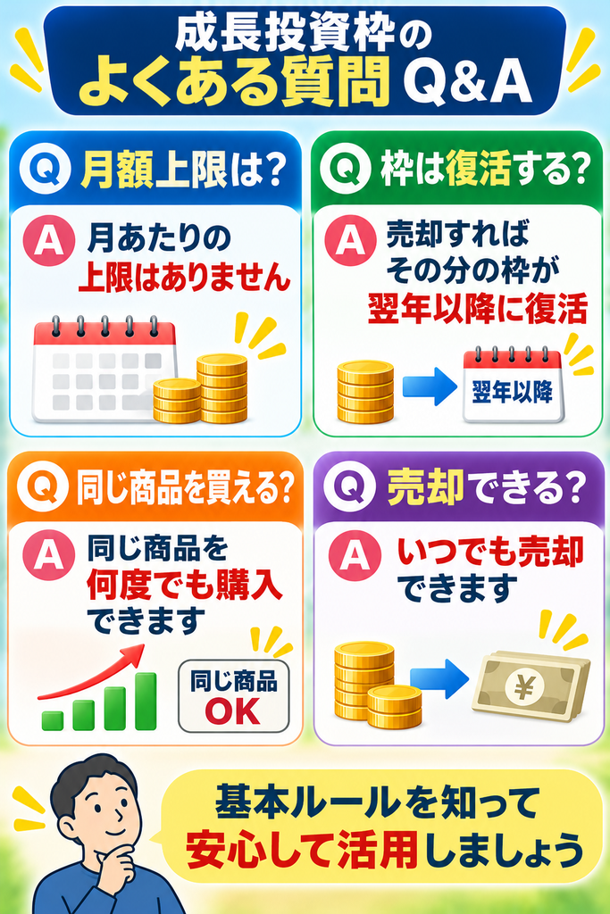 新NISAの成長投資枠でよくある4つの質問をまとめたQ&A図解。月額の投資上限はなく年間240万円まで購入可能で、売却した商品の取得額分の非課税保有限度額は翌年以降に復活。同じ対象商品を繰り返し購入でき、保有商品はいつでも売却できる仕組みを解説