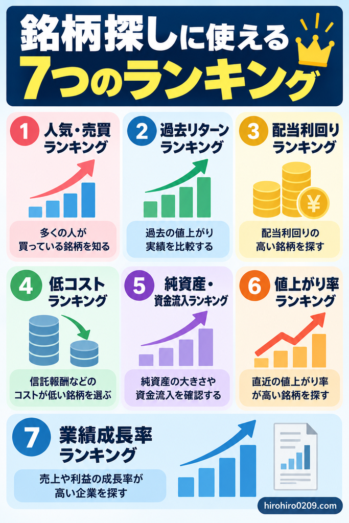 新NISAの銘柄探しに役立つ7つのランキングを紹介する図解。人気・売買、過去リターン、配当利回り、低コスト、純資産・資金流入、値上がり率、業績成長率の各ランキングについて、特徴と活用方法を解説