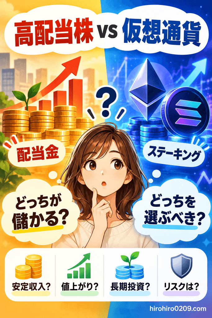 高配当株と仮想通貨を比較する図解。配当金とステーキング、値上がり、長期投資、リスクの違いを紹介