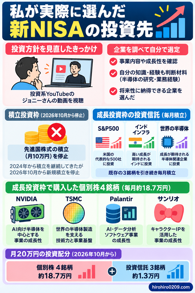 新NISAで私が実際に選んだ投資先を紹介する図解。ジョニーさんの投資動画をきっかけに投資方針を見直し、2026年10月から積立投資枠を停止。成長投資枠でNVIDIA・TSMC・Palantir・サンリオの個別株4銘柄に月約18.7万円、S&P500・インドインフラ・世界半導体の投資信託3銘柄に月約1.3万円を配分する方針を紹介