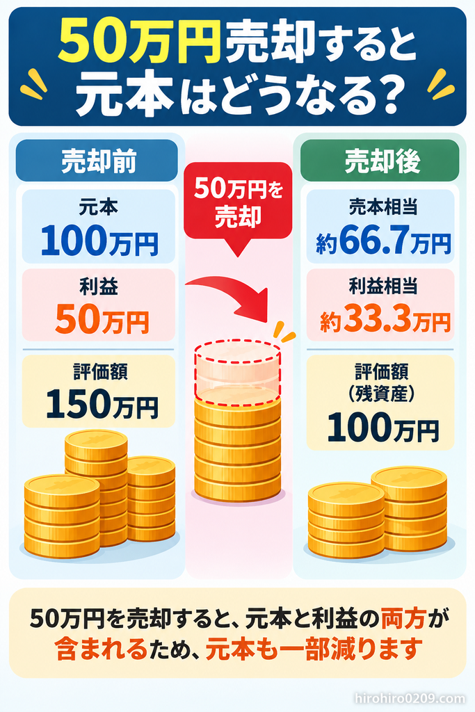 元本100万円が利益50万円を含む評価額150万円になり、50万円を売却した場合の図解。売却後は元本相当約66.7万円、利益相当約33.3万円、残資産100万円となり、元本も一部減る仕組みを説明