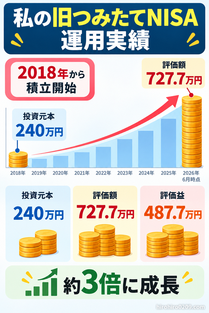 2018年から始めた旧つみたてNISAの運用実績を示す図解。投資元本240万円が2026年6月時点で評価額727.7万円、評価益487.7万円となり、約3倍に成長した結果を紹介